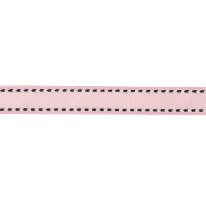 Baby Pink Woven Ribbon with Navy and White Stitched Border - 0.375" Detail