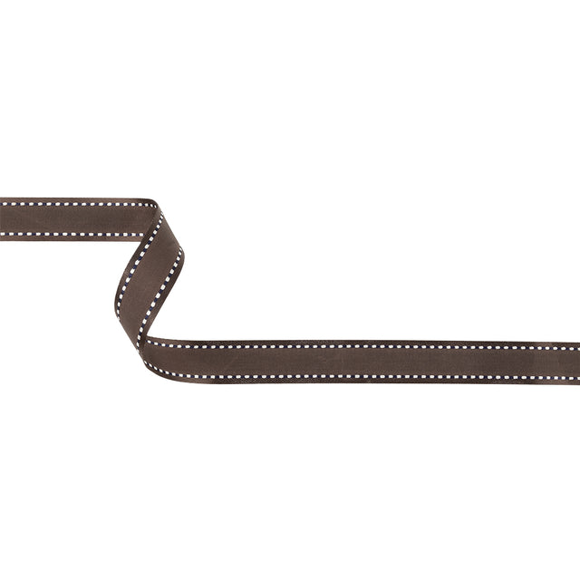 Fudge Woven Ribbon with Navy and White Stitched Border - 0.625"