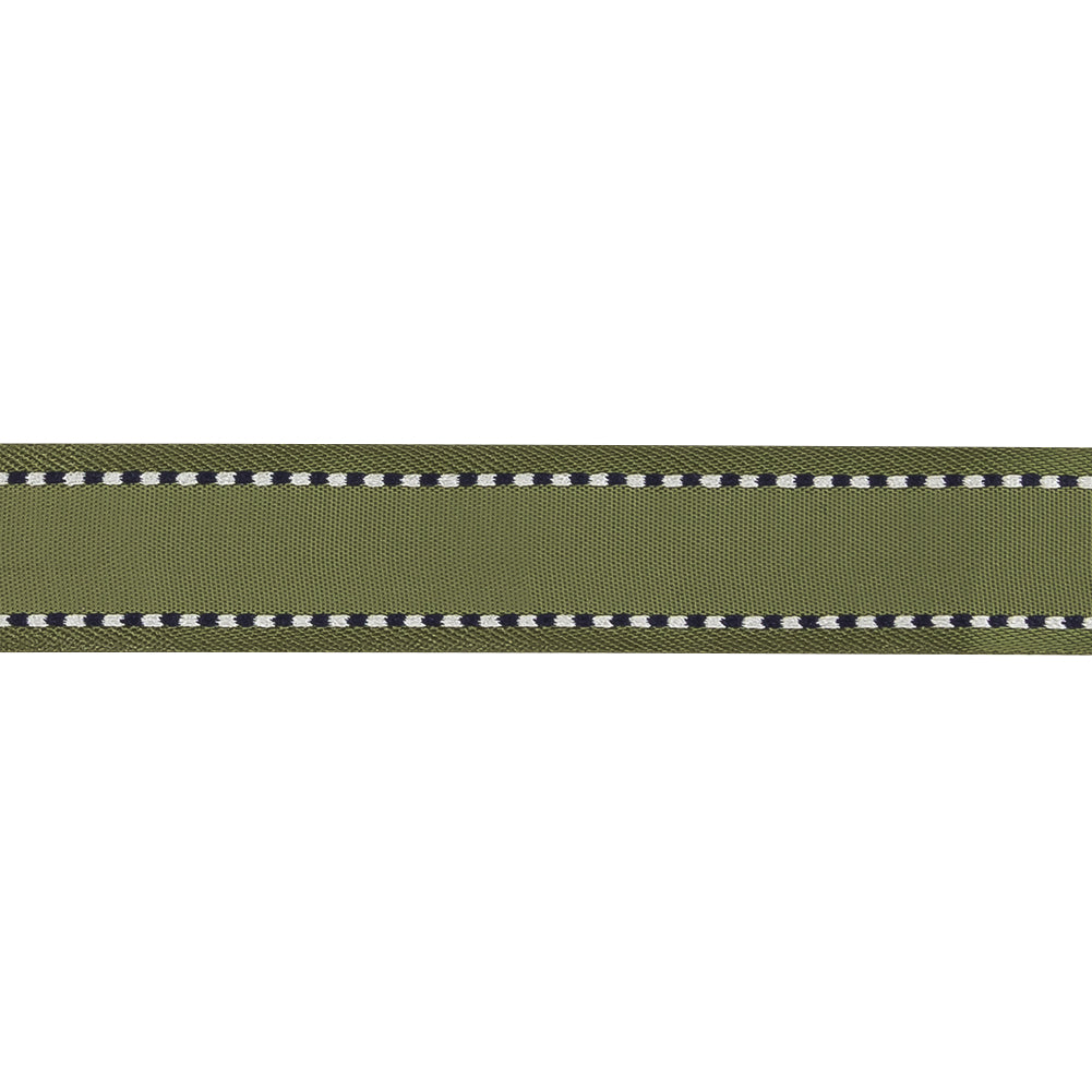 Sage Green Woven Ribbon with Navy and White Stitched Border - 0.625" Detail