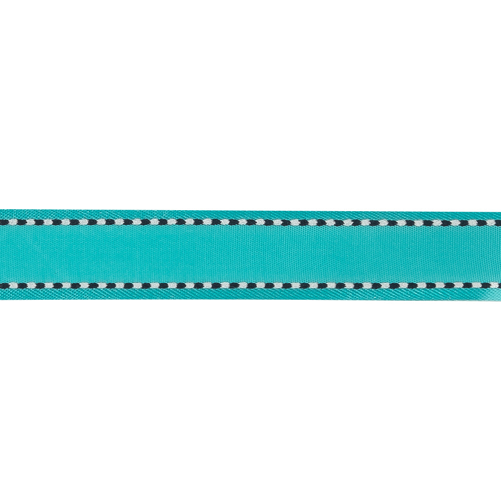 Turquoise Woven Ribbon with Navy and White Stitched Border - 0.625" Detail