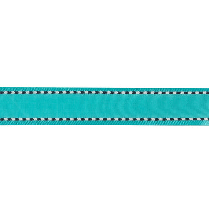 Turquoise Woven Ribbon with Navy and White Stitched Border - 0.625" Detail