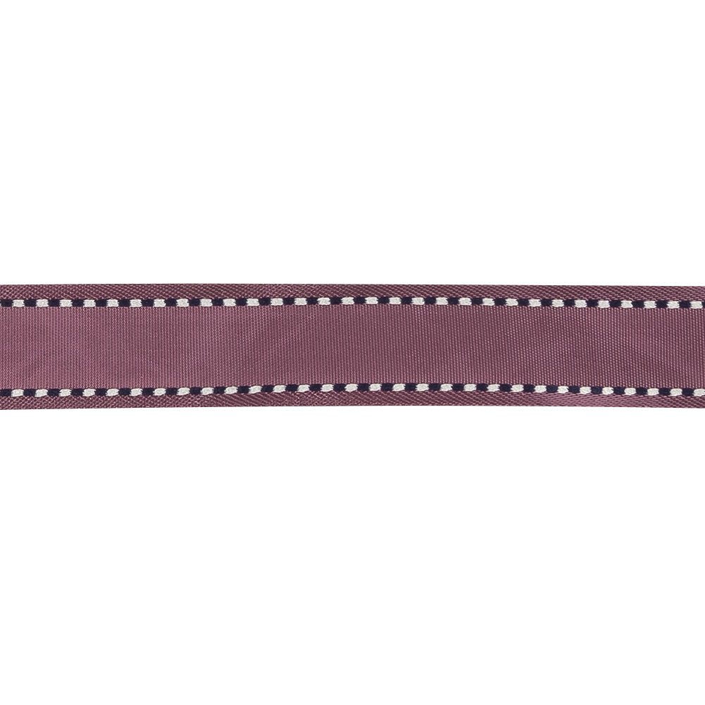 Purple Woven Ribbon with Navy and White Stitched Border - 0.625" Detail