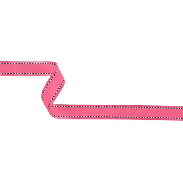 Hot Pink Woven Ribbon with Navy and White Stitched Border - 0.625"