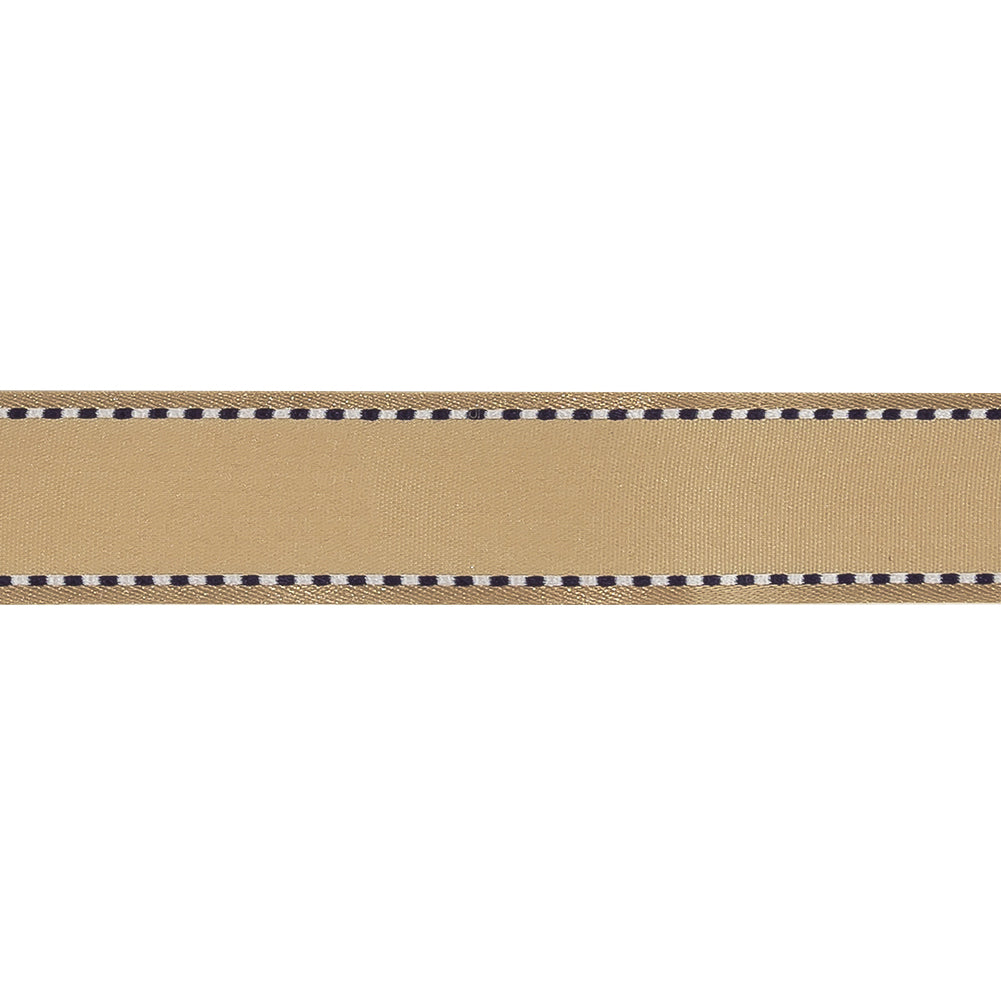 Marzipan Woven Ribbon with Navy Blazer and White Stitched Border - 0.75" Detail