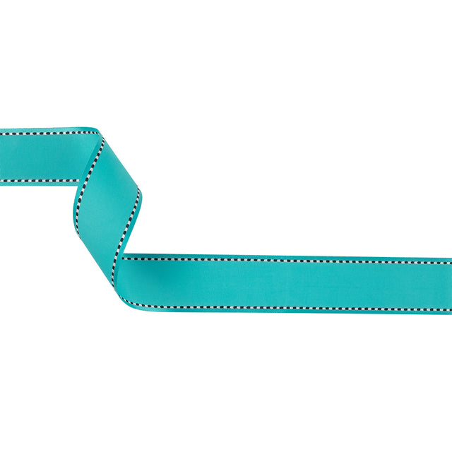 Turquoise Woven Ribbon with Navy Blazer and White Stitched Border - 1"