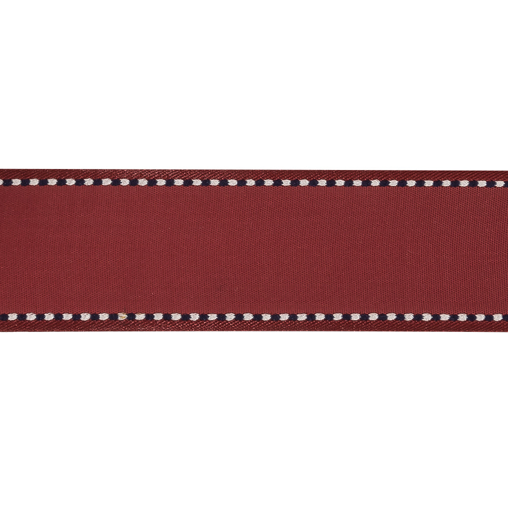 Spiced Apple Woven Ribbon with Navy Blazer and White Stitched Border - 1" Detail