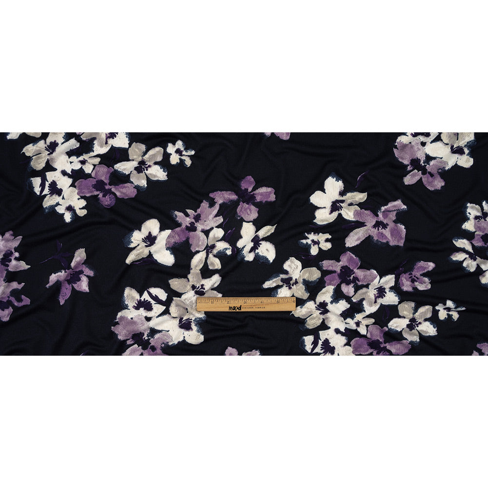 Navy, White and Purple Floral Stretch Polyester Sweater Knit Full