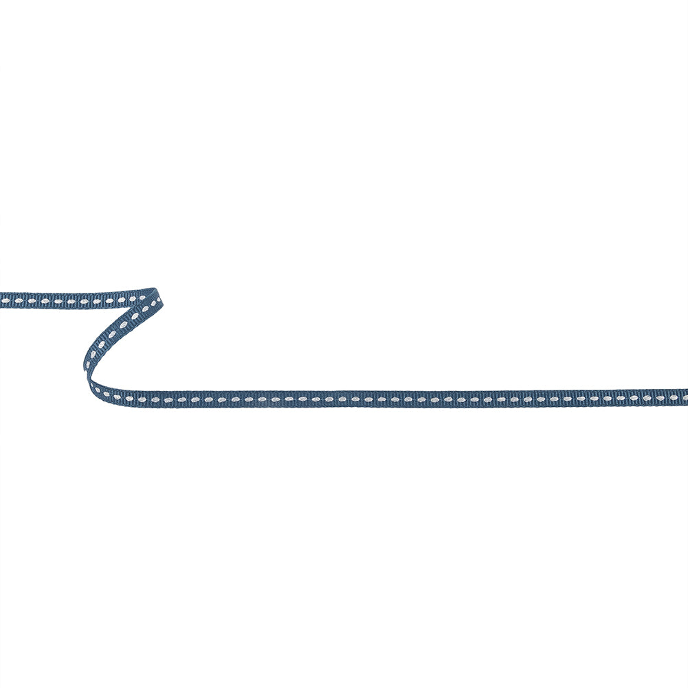 Blue Horizon Grosgrain Ribbon with Lucent White Stitching - 0.25"