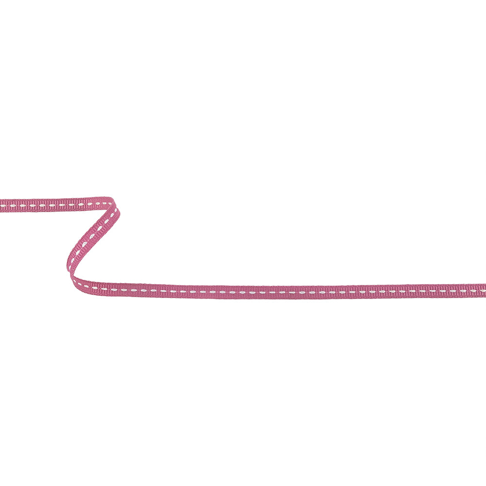 Dark Pink Grosgrain Ribbon with Lucent White Stitching - 0.25"