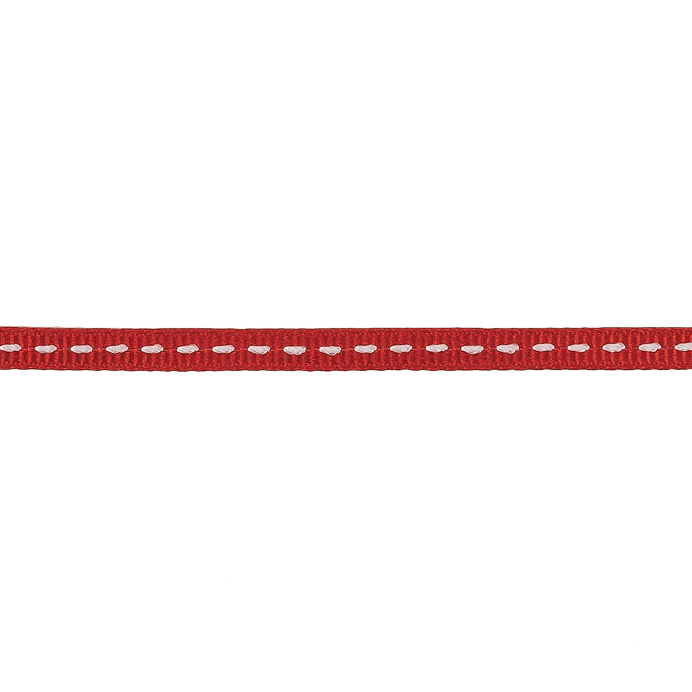 Red Grosgrain Ribbon with Lucent White Stitching - 0.25" Detail