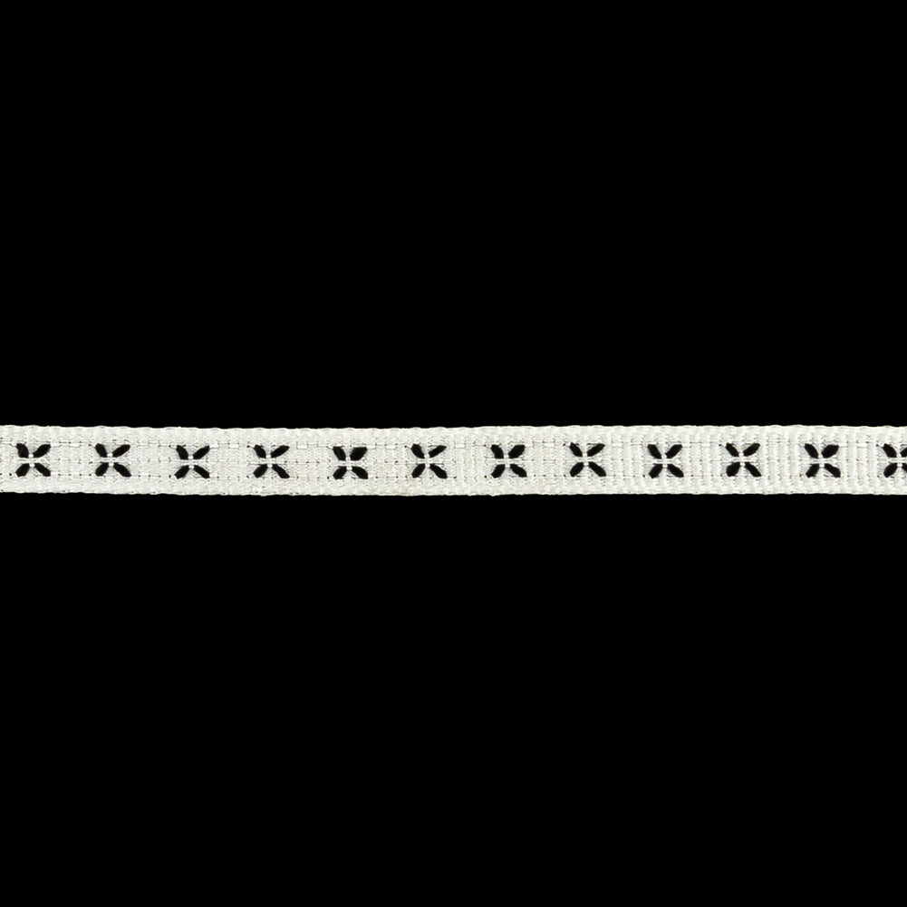 Blanc de Blanc Grosgrain Ribbon with Black Stitched Flowers - 0.25" Detail