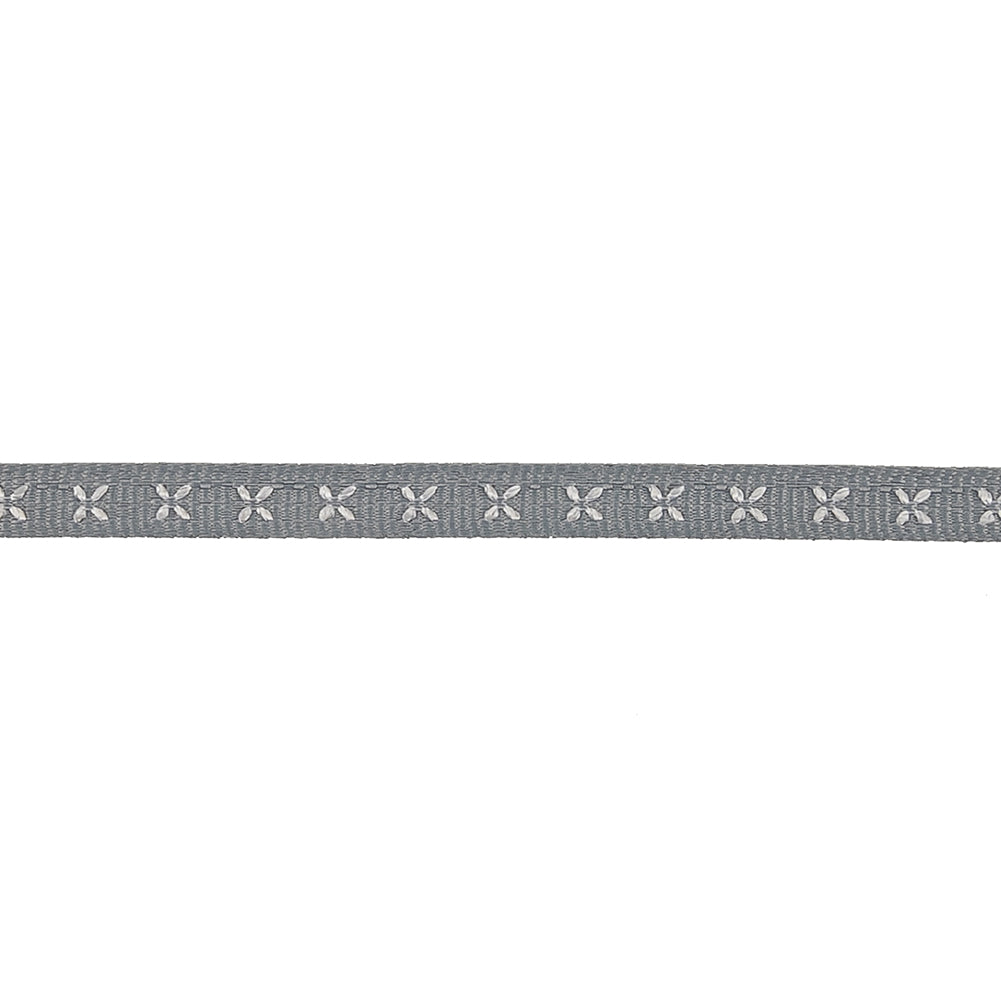 Gray Grosgrain Ribbon with Blanc de Blanc Stitched Flowers - 0.25" Detail