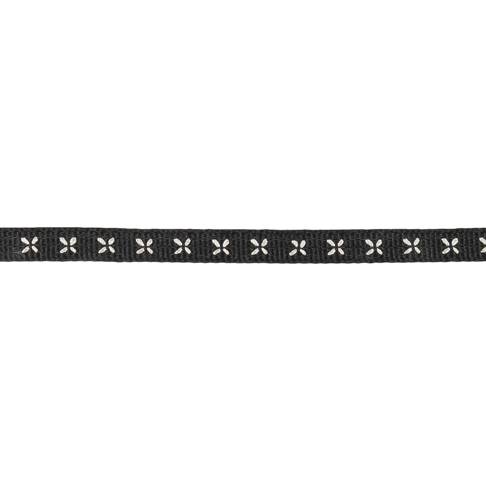 Black Onyx Grosgrain Ribbon with Blanc de Blanc Stitched Flowers - 0.25" Detail