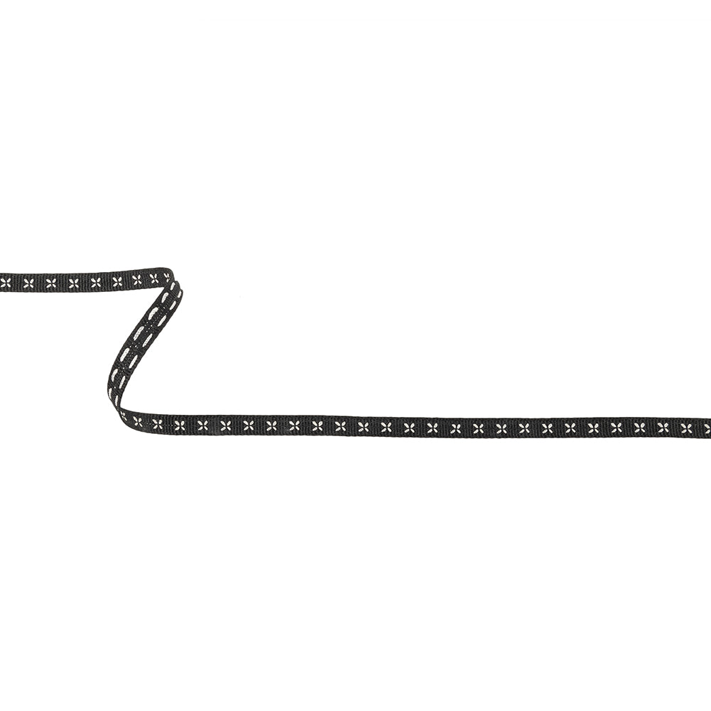 Black Onyx Grosgrain Ribbon with Blanc de Blanc Stitched Flowers - 0.25"