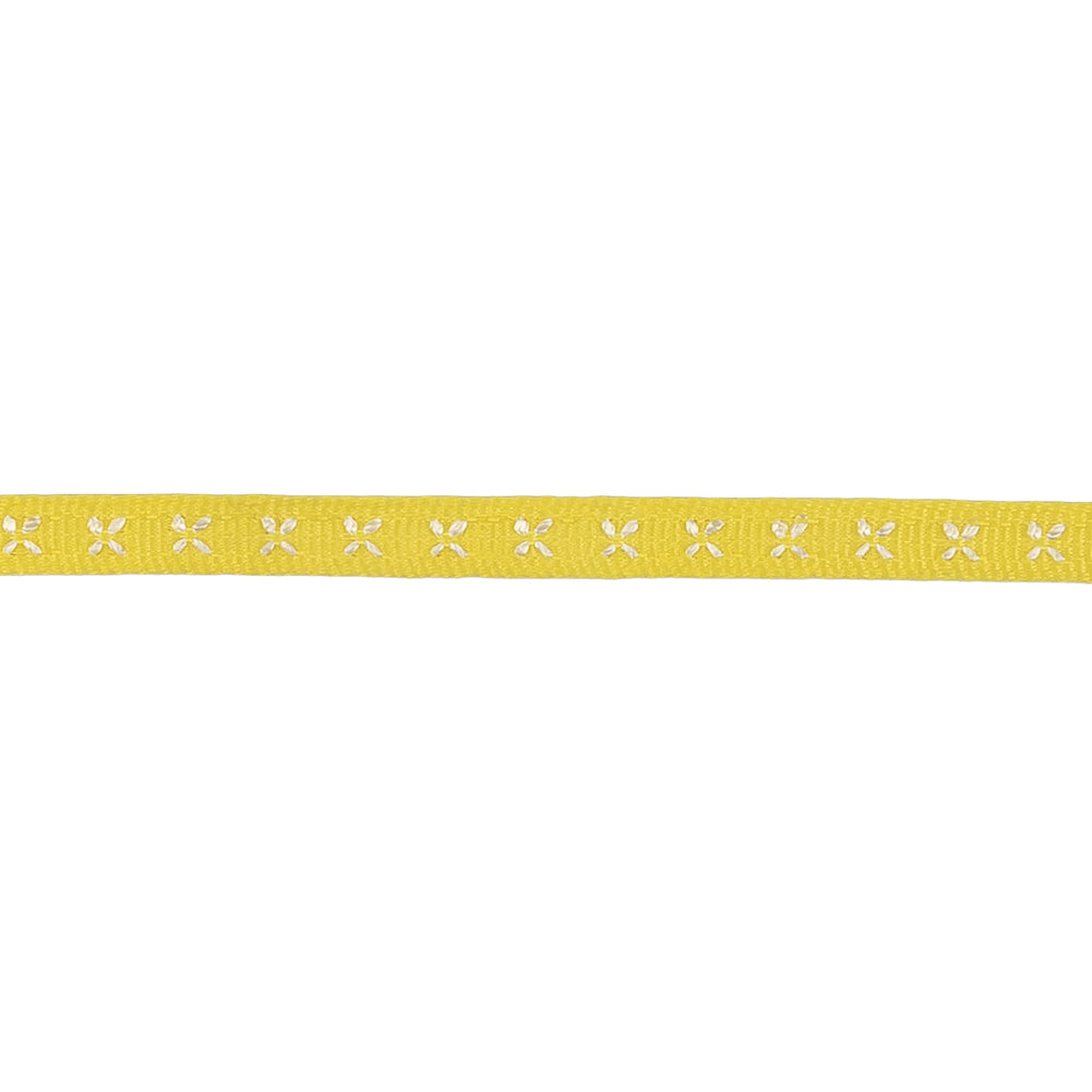 Sunshine Yellow Grosgrain Ribbon with Blanc de Blanc Stitched Flowers - 0.25" Detail