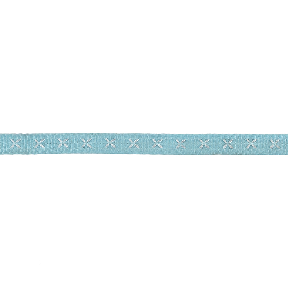 Sky Blue Grosgrain Ribbon with Blanc de Blanc Stitched Flowers - 0.25" Detail