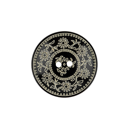 French Ecru and Black Floral Ornate 2-Hole Plastic Button - 34L/21.5mm