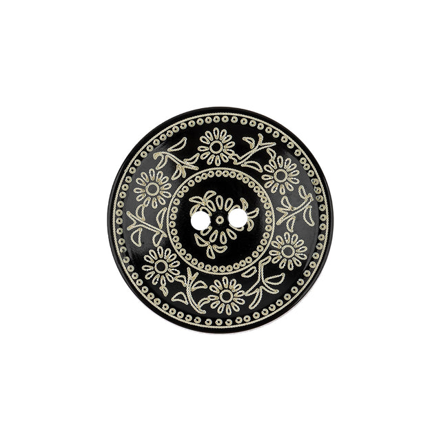 French Ecru and Black Floral Ornate 2-Hole Plastic Button - 34L/21.5mm
