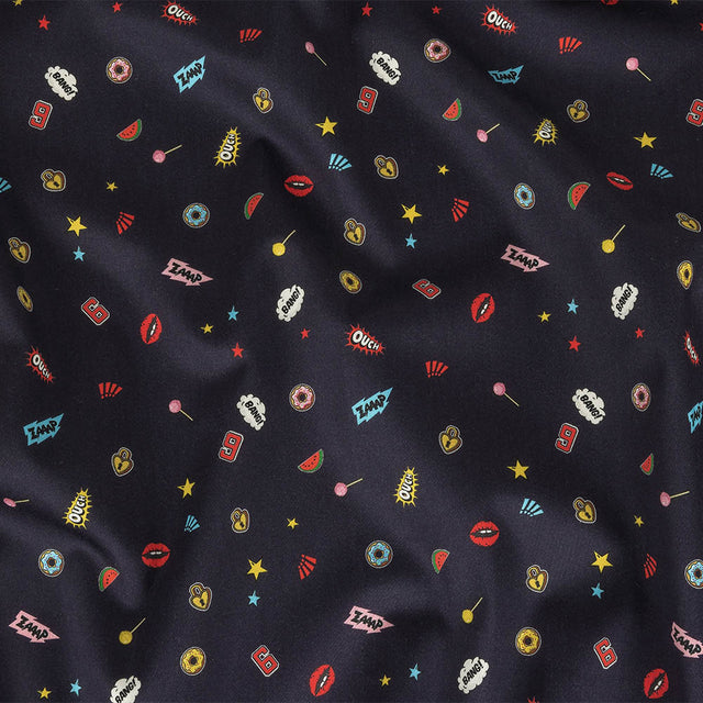 Stretch Cotton Sateen - Navy Pop Icons - Candy & Combat Print - Mood Exclusive Comic Collection