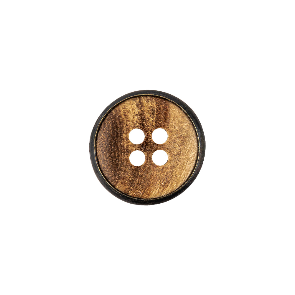 Portuguese Natural Wood Set-in Gunmetal 4-Hole Button - 24L/15mm Detail