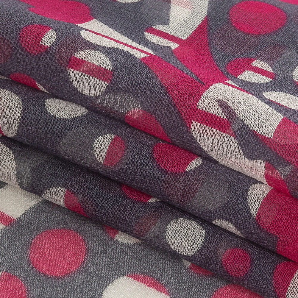 Fuchsia, Gray and White Circles and Stripes Silk Chiffon Folded