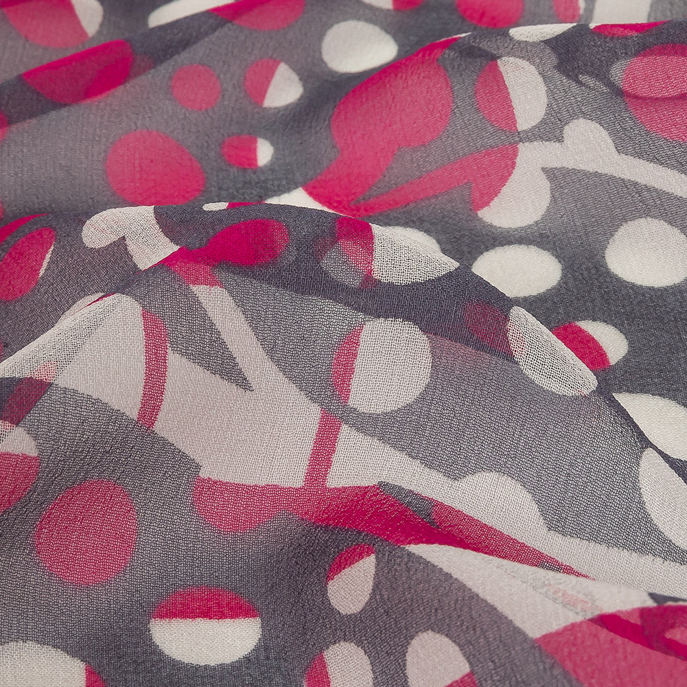 Fuchsia, Gray and White Circles and Stripes Silk Chiffon Detail