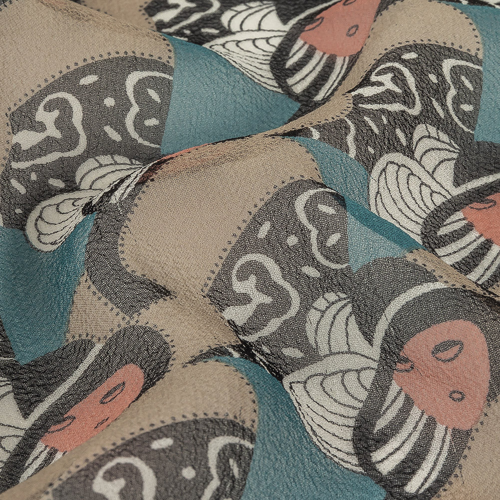Blue, Peach and Beige Lady in Hat Silk Chiffon Detail