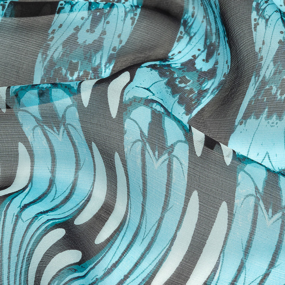Navy, Sky Blue and White Fans Silk Chiffon - Detail