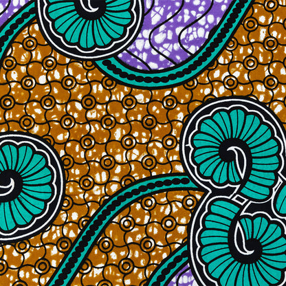 Teal, Gold and Purple Spirals and Abstract Cotton Supreme Super Wax African Print Folded