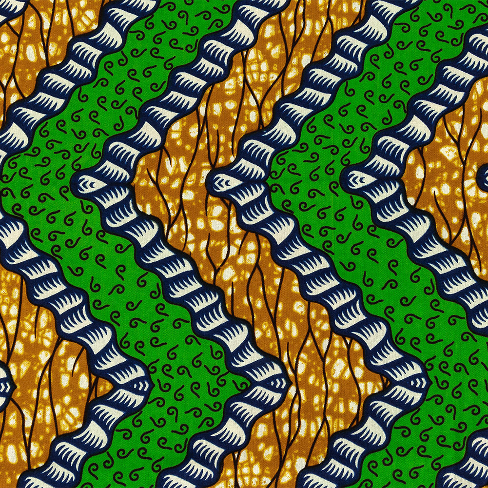 Green, Estate Blue and Tan Wavy Zig Zags Cotton Supreme Wax African Print Folded