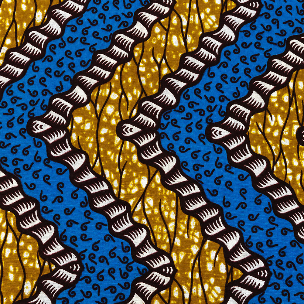 Blue, Dark Yellow and Brown Wavy Zig Zags Cotton Supreme Wax African Print Folded