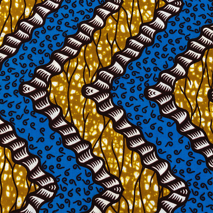 Blue, Dark Yellow and Brown Wavy Zig Zags Cotton Supreme Wax African Print Folded