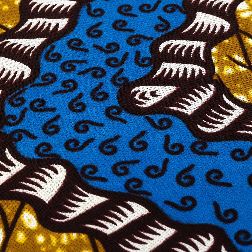 Blue, Dark Yellow and Brown Wavy Zig Zags Cotton Supreme Wax African Print Detail