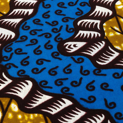 Blue, Dark Yellow and Brown Wavy Zig Zags Cotton Supreme Wax African Print Detail