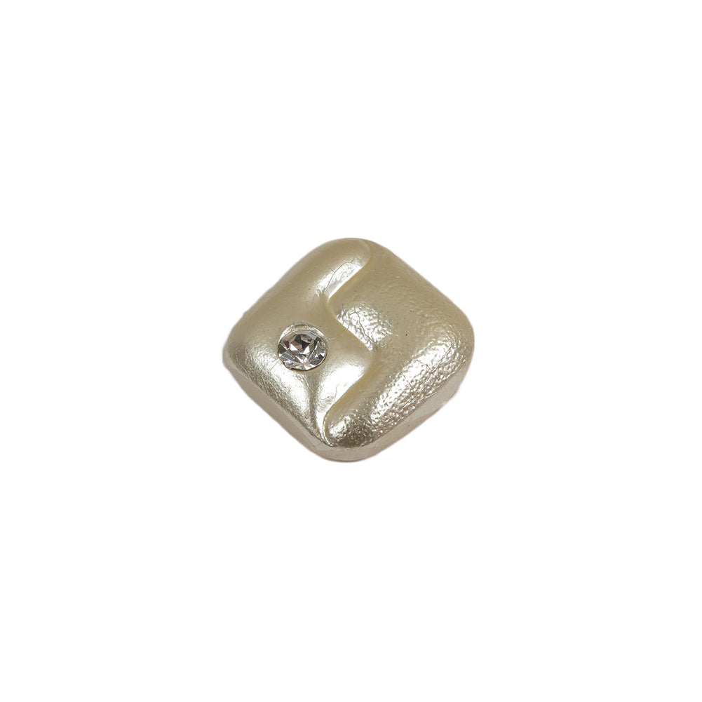 Vintage Pearl Finished Shank Back Square Glass Button with Rhinestone - 22L/14mm Folded