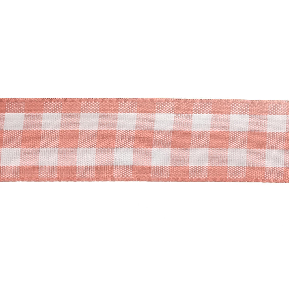 Rose and Bright White Gingham Woven Ribbon - 1" Detail