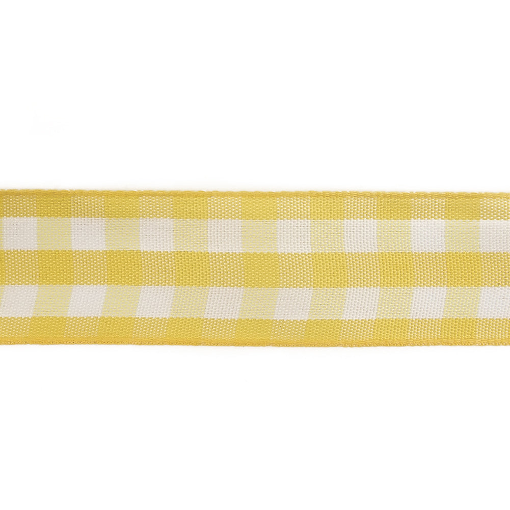 Lemon and Bright White Gingham Woven Ribbon - 1" Detail