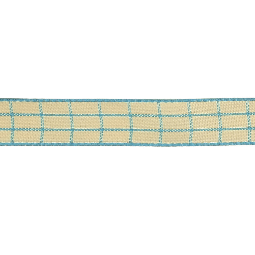 Baltic Sea and Ethereal Green Windowpane Check Woven Ribbon - 0.625" Detail