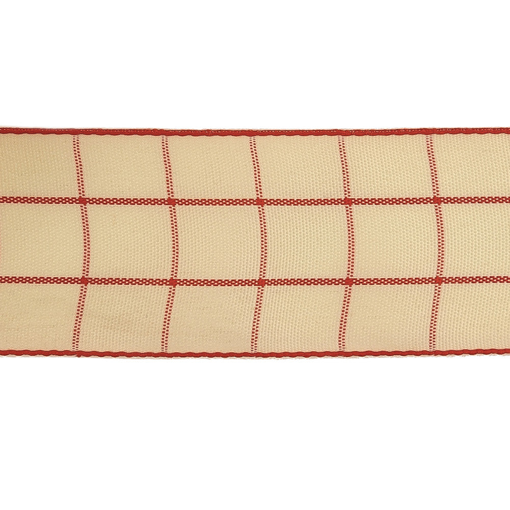 Pointsettia and Ethereal Green Windowpane Check Woven Ribbon - 1.5" Detail