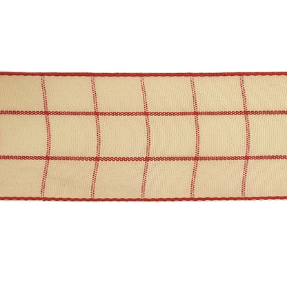 Pointsettia and Ethereal Green Windowpane Check Woven Ribbon - 1.5" Detail
