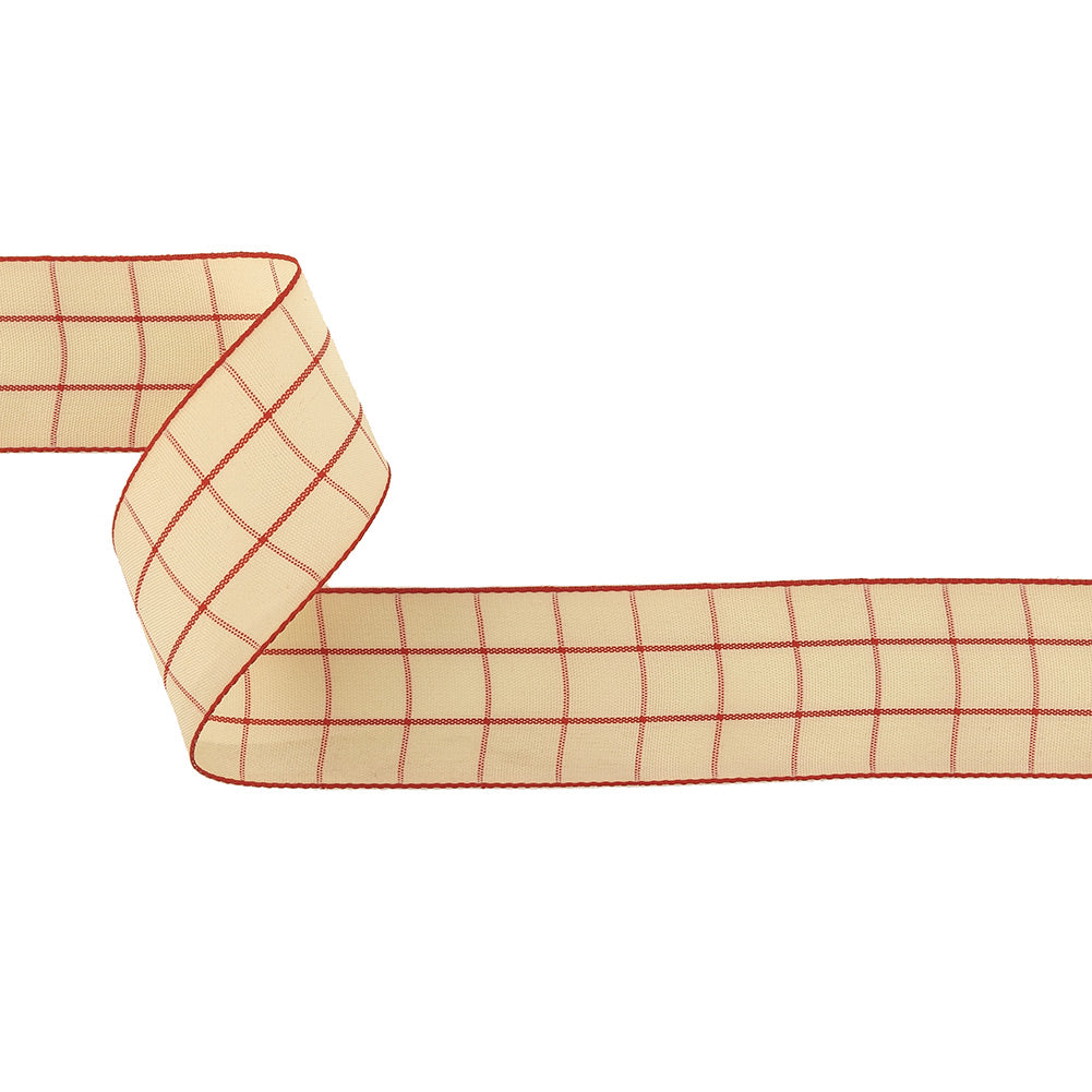 Pointsettia and Ethereal Green Windowpane Check Woven Ribbon - 1.5"