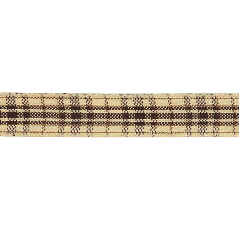 Brown Stone, Tan and Vanilla Ice Plaid Woven Ribbon - 0.625" Detail