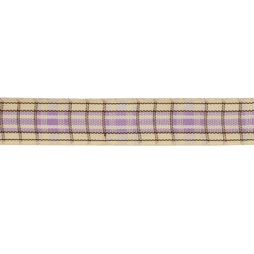 Lilac, Brown and Vanilla Ice Plaid Woven Ribbon - 0.625" Detail