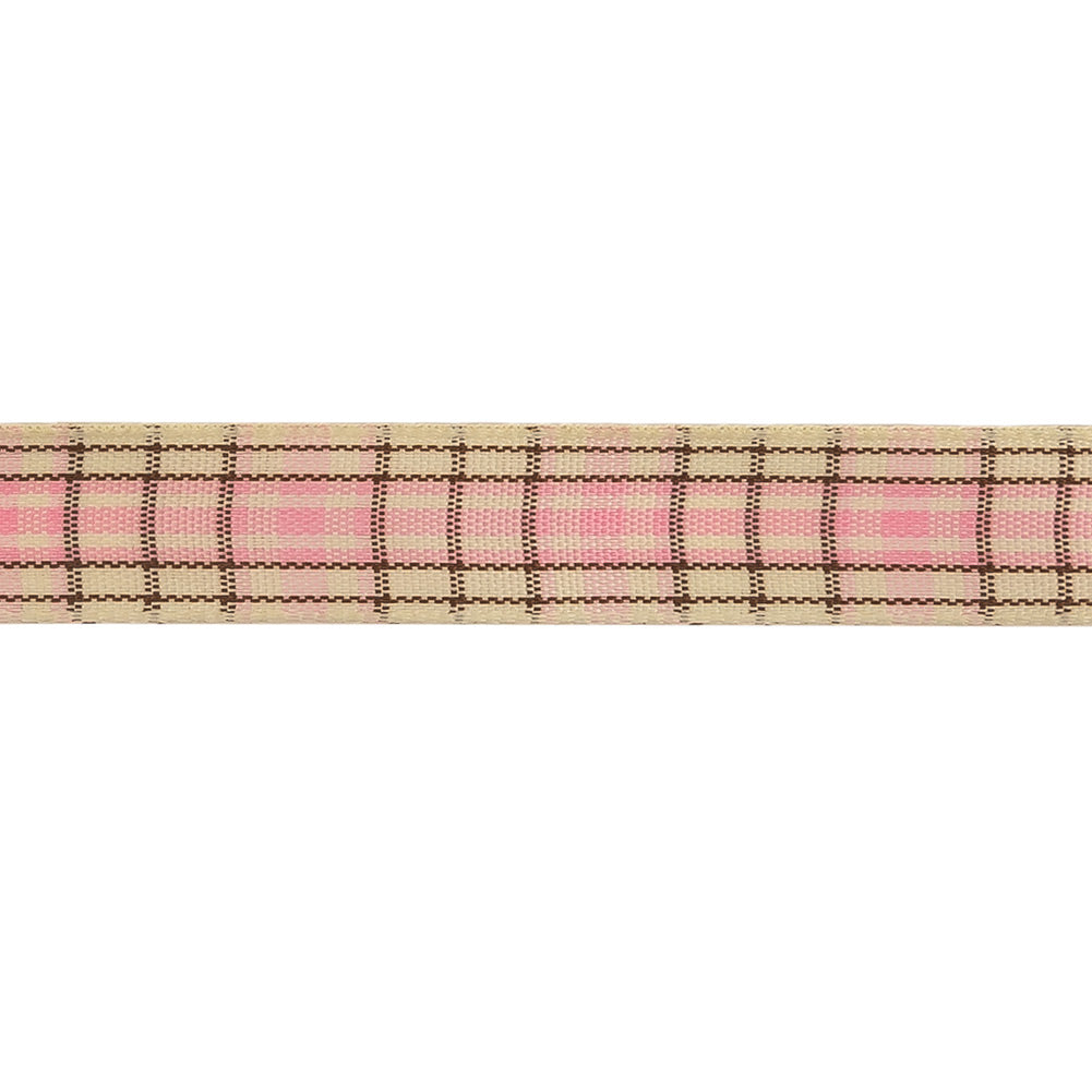 Baby Pink, Brown and Vanilla Ice Plaid Woven Ribbon - 0.625" Detail