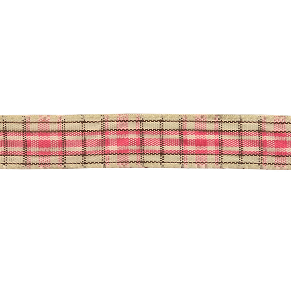 Bubblegum, Brown and Vanilla Ice Plaid Woven Ribbon - 0.625" Detail