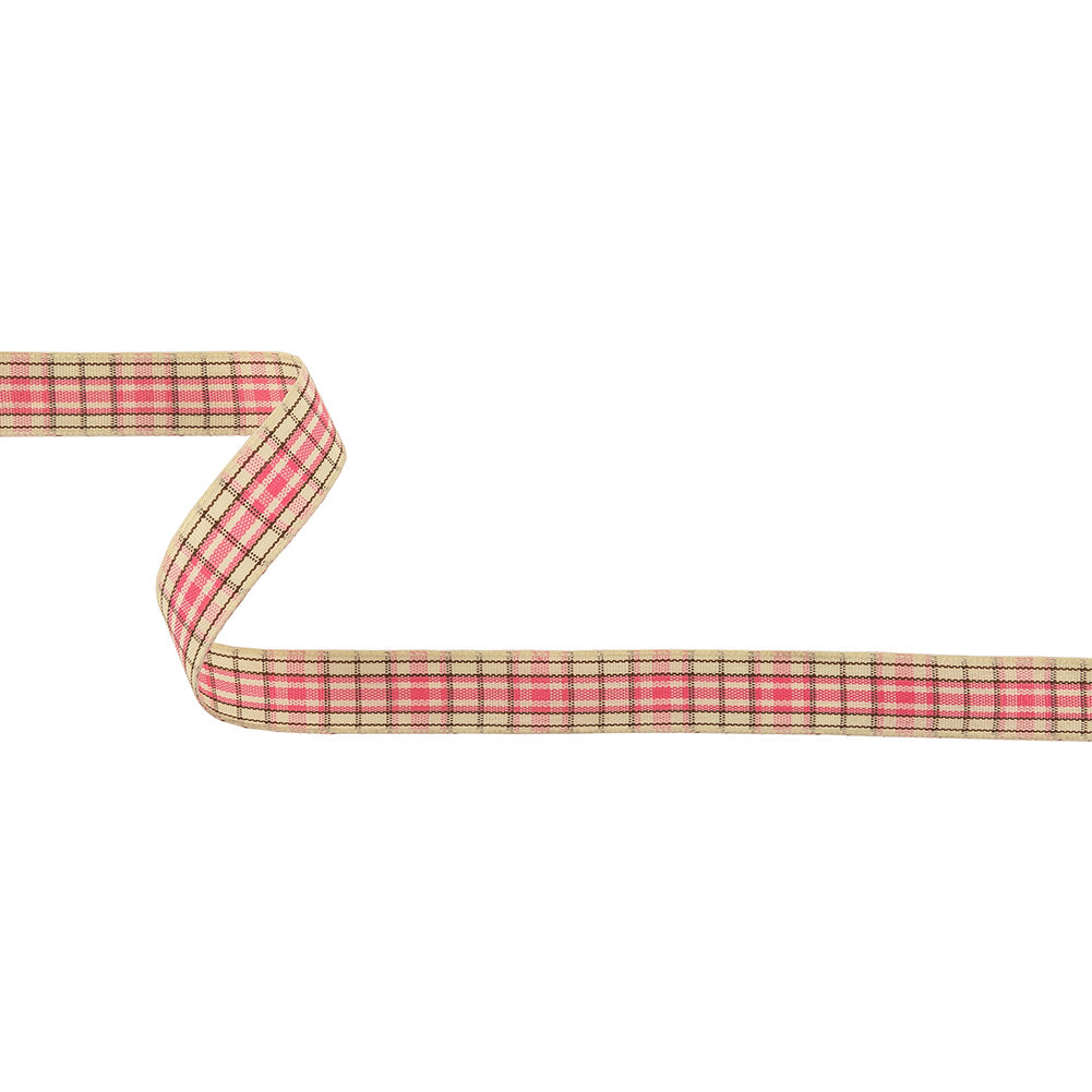 Bubblegum, Brown and Vanilla Ice Plaid Woven Ribbon - 0.625"