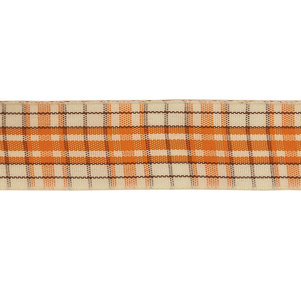 Golden Poppy, Brown and Vanilla Ice Plaid Woven Ribbon - 1" Detail