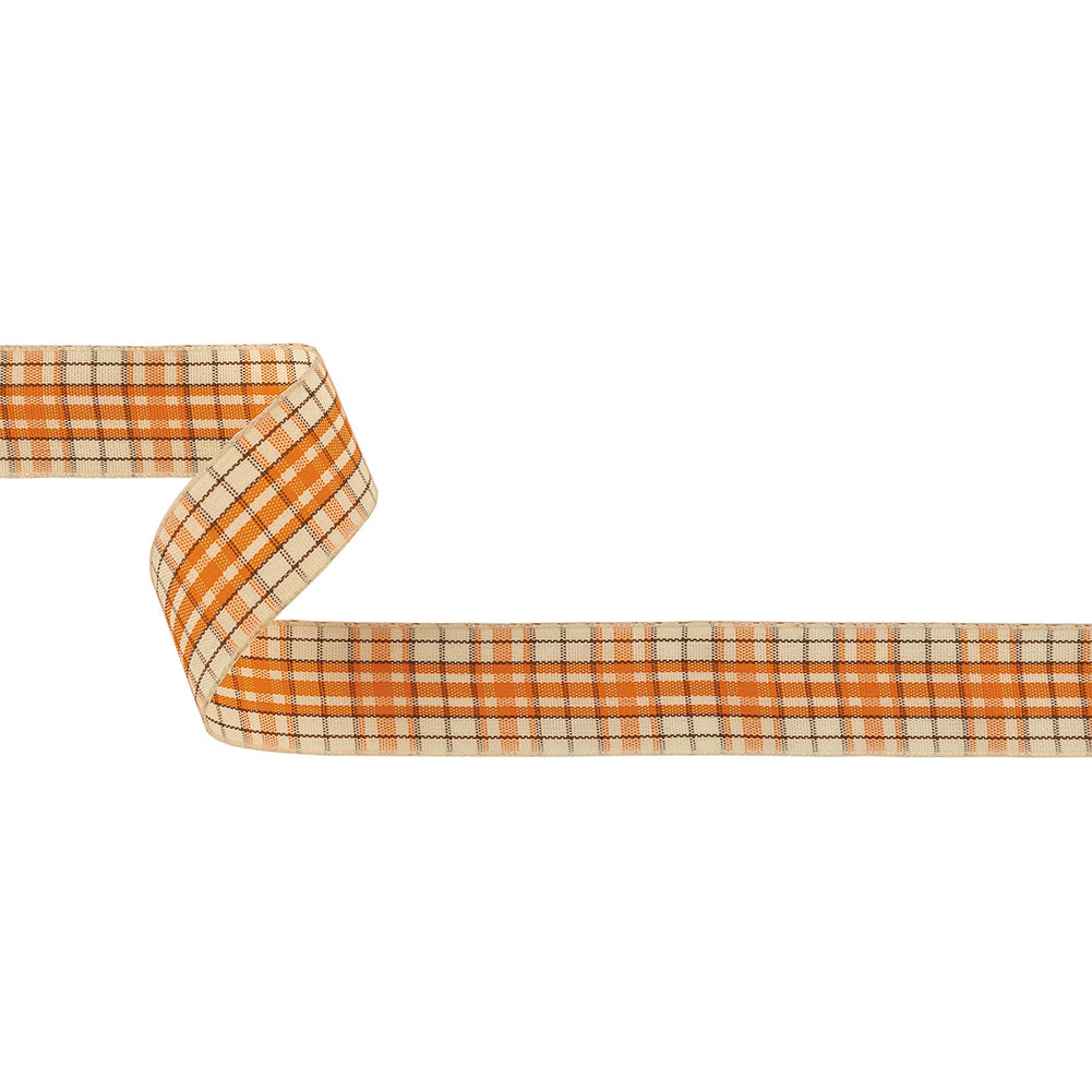Golden Poppy, Brown and Vanilla Ice Plaid Woven Ribbon - 1"