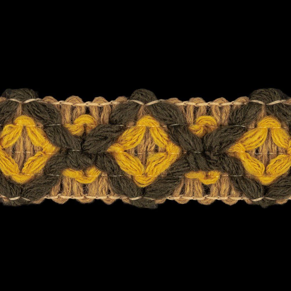 Beige, Mustard and Rifle Green Diamonds Embroidered Trim - 1" Detail