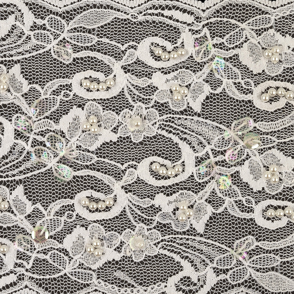 White and Iridescent Floral Beaded and Sequins Lace Trim with Scalloped Edges - 4.375" Detail